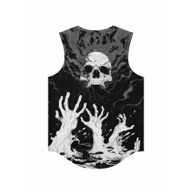 White Skull Palms Print Men's Summer Black Sleeveless Vest Smooth Comfort Fit Loose Sleeveless * Beach Vacation Vest Trendy Fashion Clothing Tops