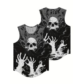 White Skull Palms Print Men's Summer Black Sleeveless Vest Smooth Comfort Fit Loose Sleeveless * Beach Vacation Vest Trendy Fashion Clothing Tops