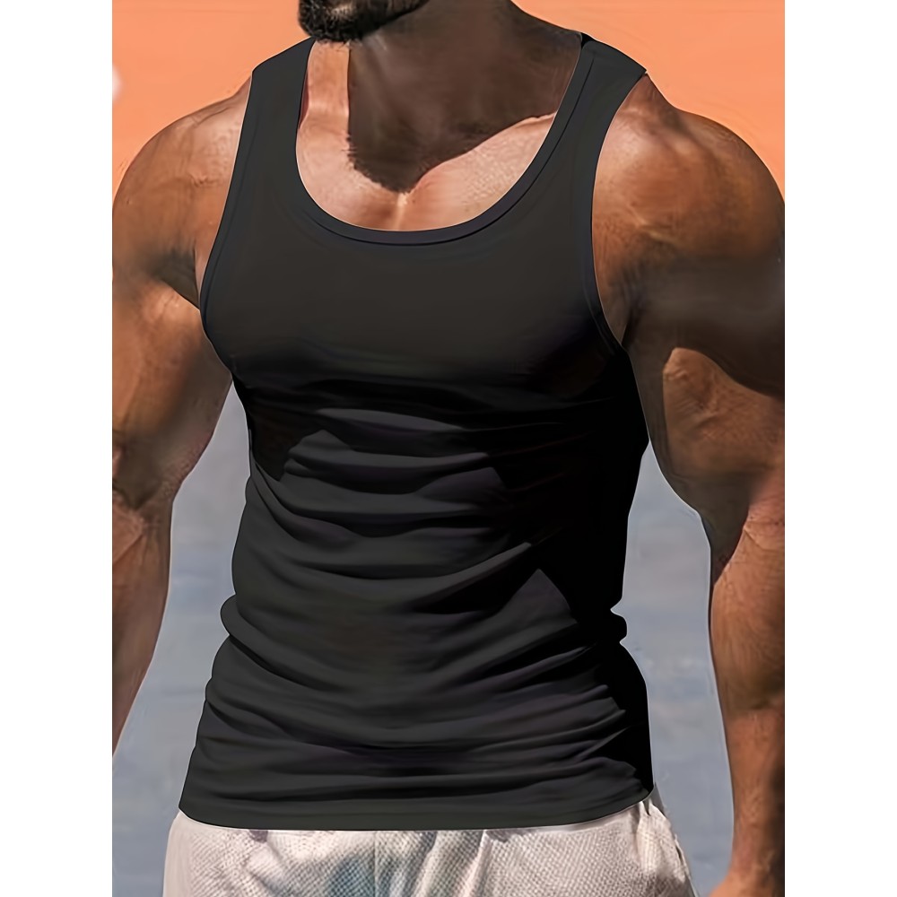 Men's Solid Tank Top, Active Crew Neck Skinny Sleeveless Top, Men's Clothing For Summer Outdoor