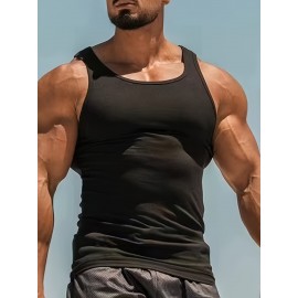 Men's Solid Tank Top, Active Crew Neck Skinny Sleeveless Top, Men's Clothing For Summer Outdoor