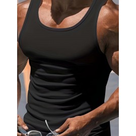 Men's Solid Tank Top, Active Crew Neck Skinny Sleeveless Top, Men's Clothing For Summer Outdoor