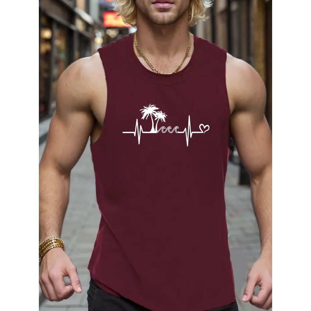 Palm Trees Print Sleeveless Tank Top, Men's Active Undershirts For Workout At The Gym