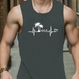 Palm Trees Print Sleeveless Tank Top, Men's Active Undershirts For Workout At The Gym