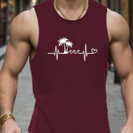 Palm Trees Print Sleeveless Tank Top, Men's Active Undershirts For Workout At The Gym