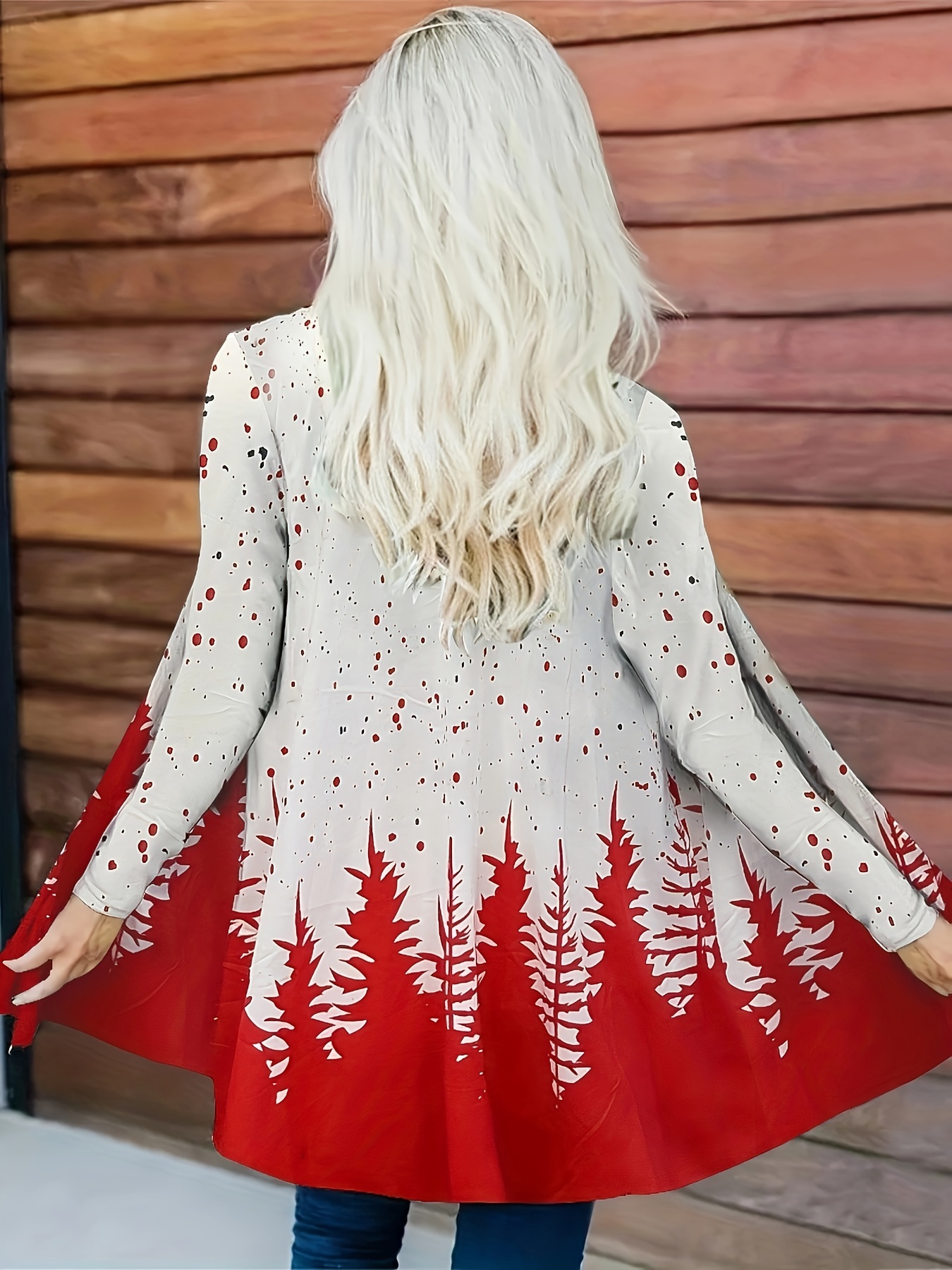 plus size christmas coat womens plus christmas tree print long sleeve open front slight stretch cardigan coat details 1