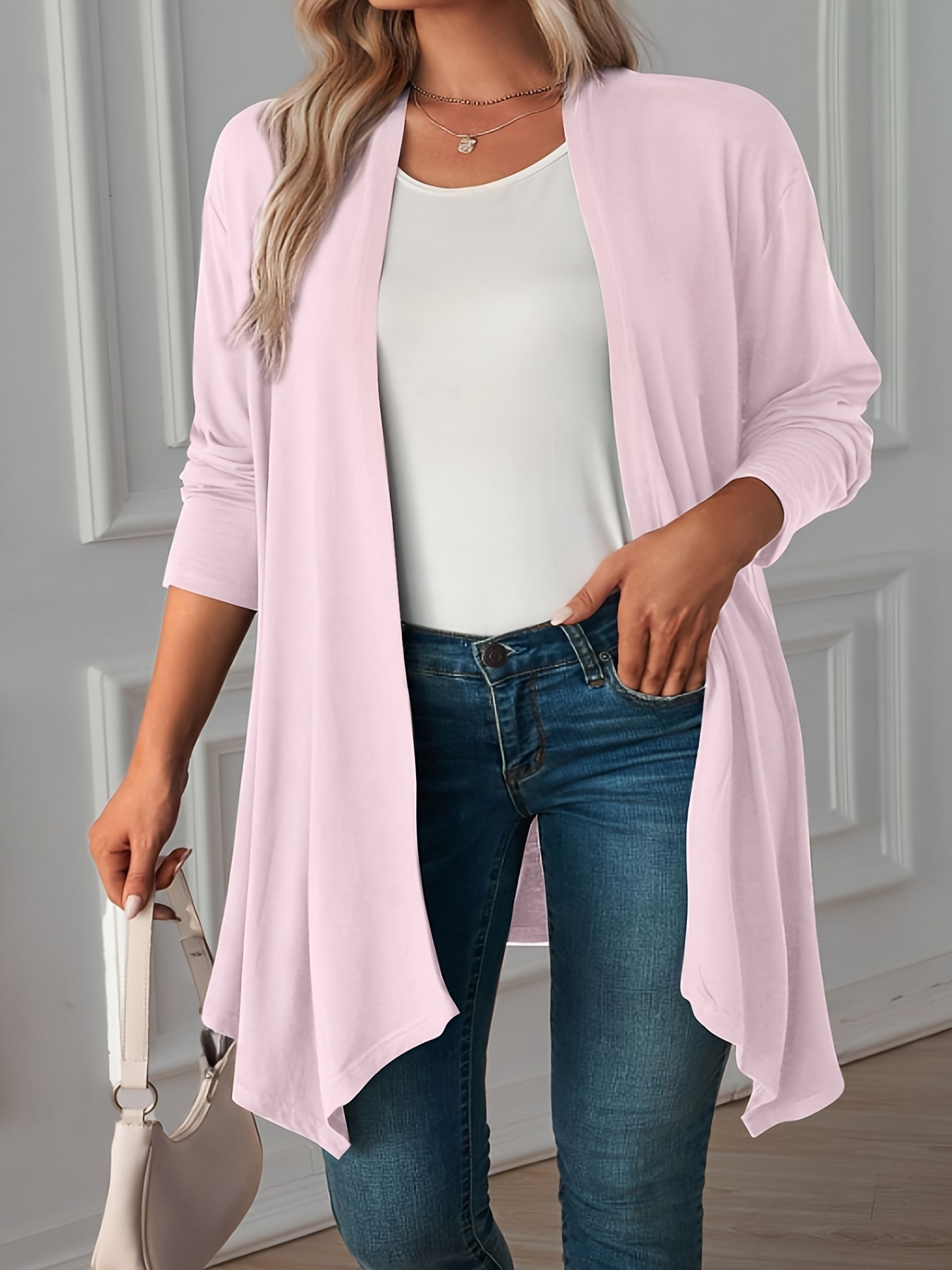 plus size casual coat womens plus solid long sleeve open front asymmetric hem medium stretch cardigan overcoat details 0