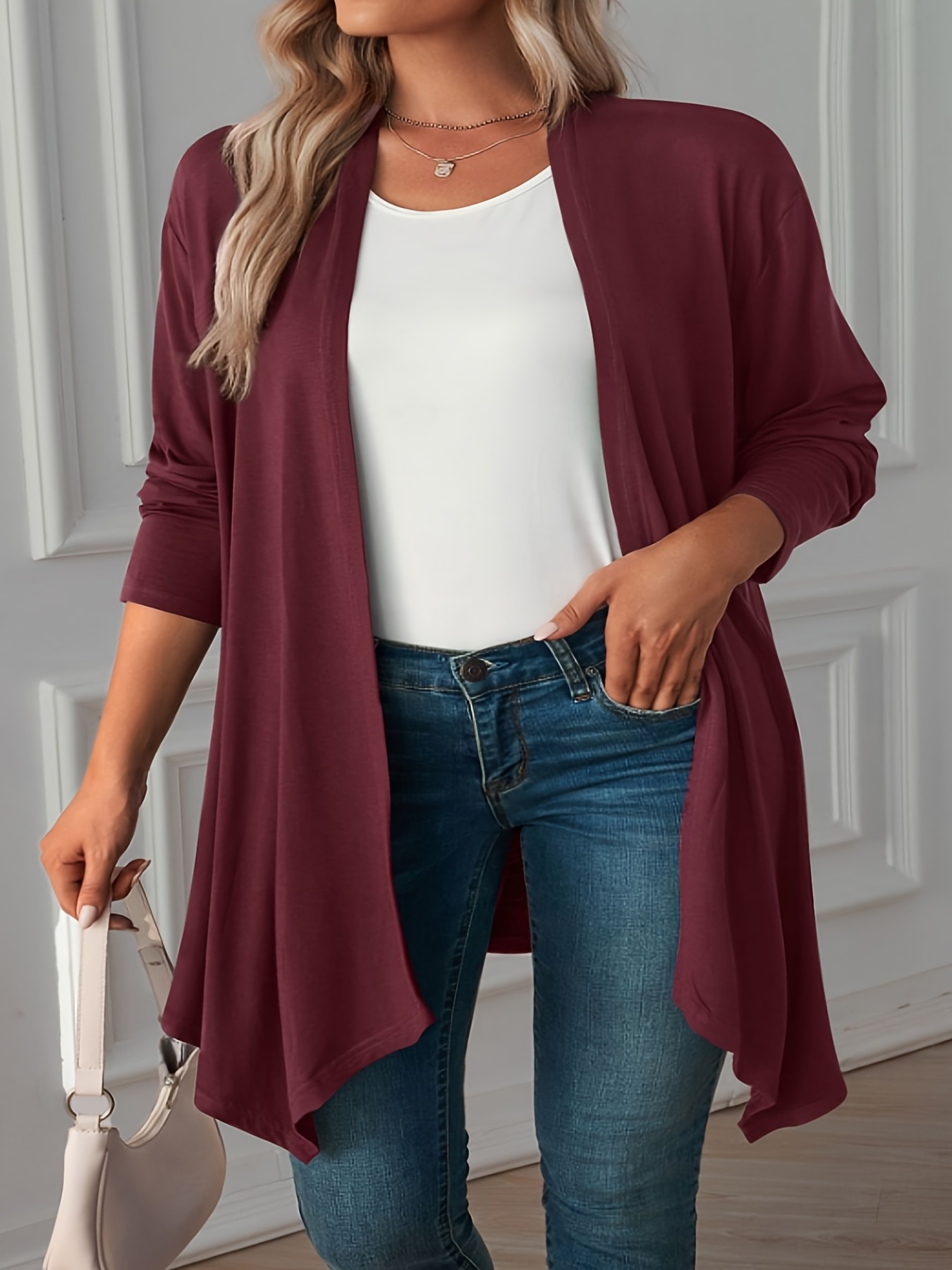 plus size casual coat womens plus solid long sleeve open front asymmetric hem medium stretch cardigan overcoat details 4