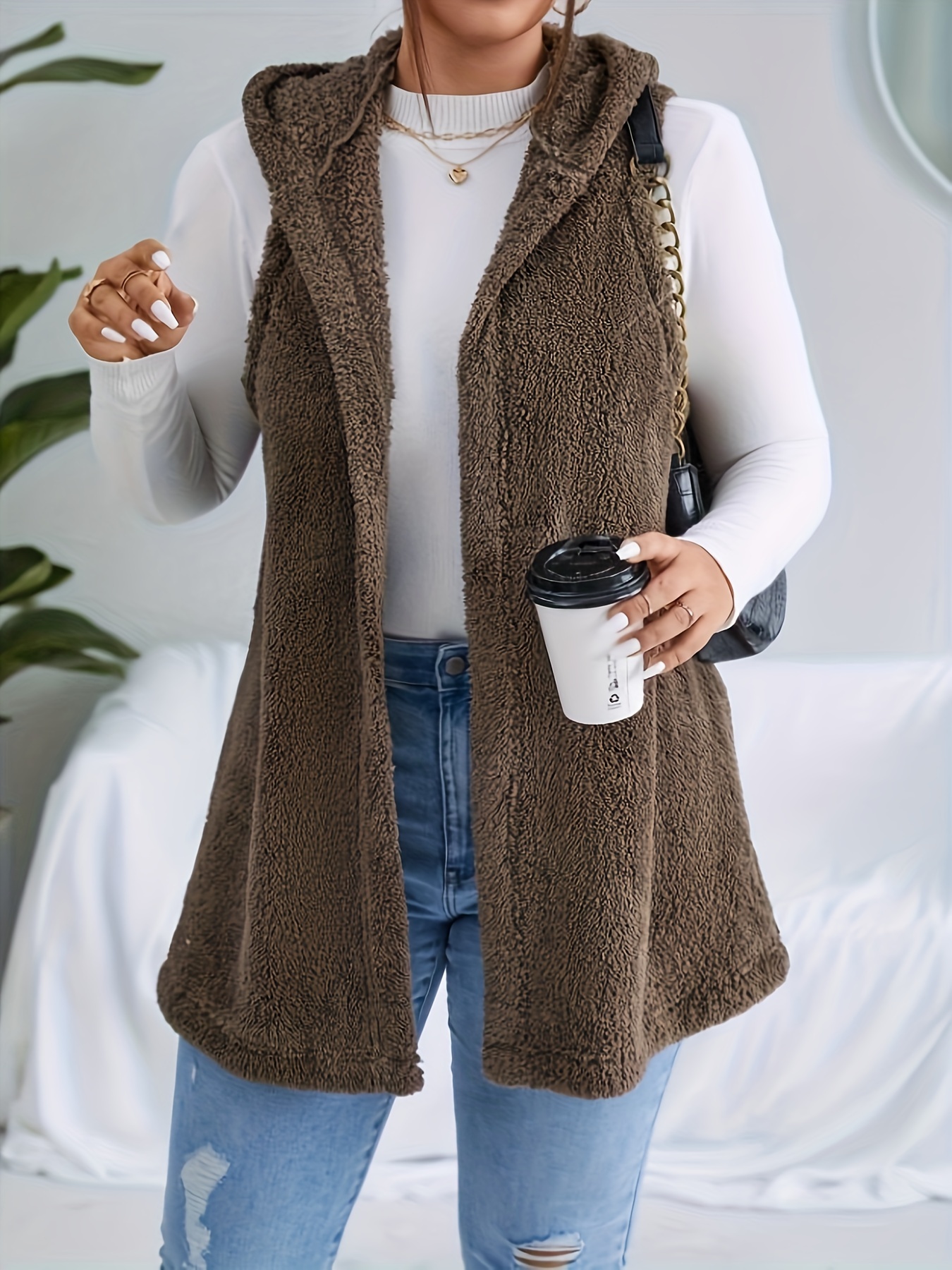 plus size casual faux fur coat womens plus solid teddy fleece hoodie open front tunic vest coat details 1