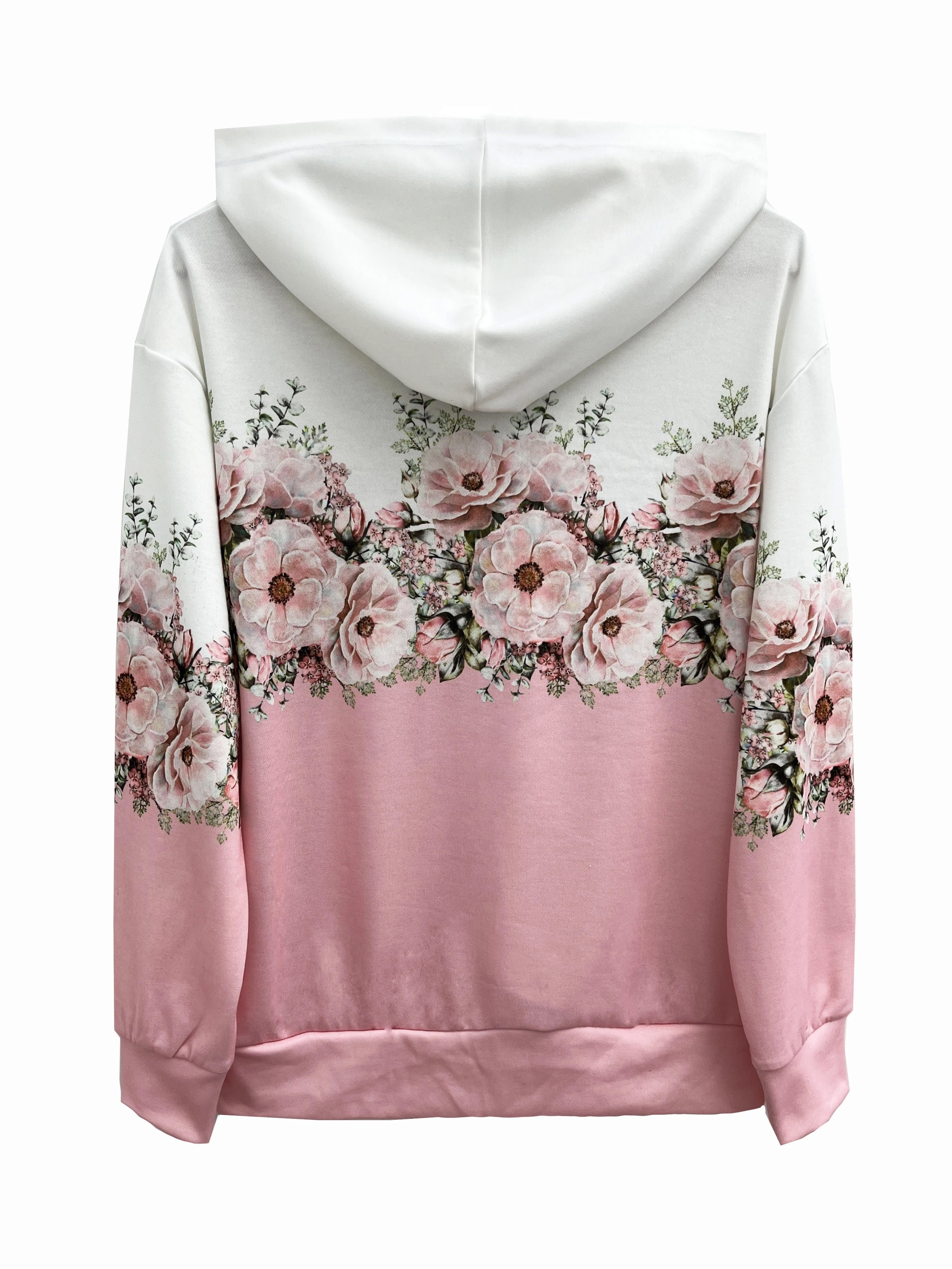 plus size casual coat womens plus ombre floral print hooded drawstring long sleeve zip up medium stretch coat with kangaroo pockets details 0