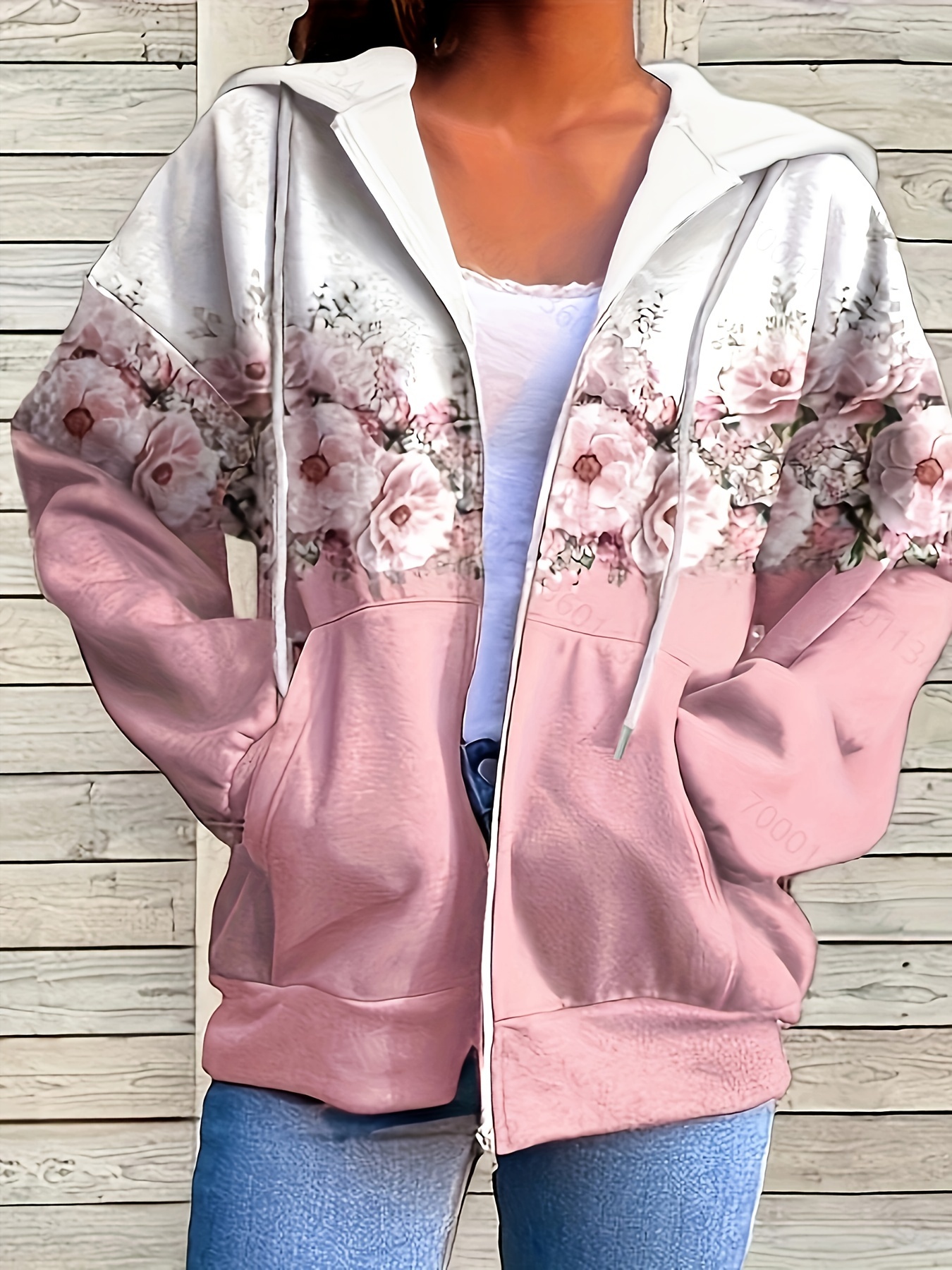 plus size casual coat womens plus ombre floral print hooded drawstring long sleeve zip up medium stretch coat with kangaroo pockets details 1