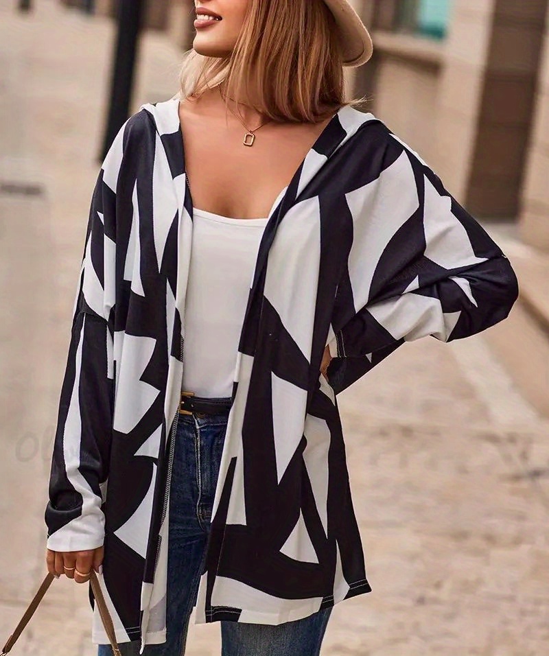 plus size casual coat womens plus colorblock geometric print long sleeve hooded cardigan details 0