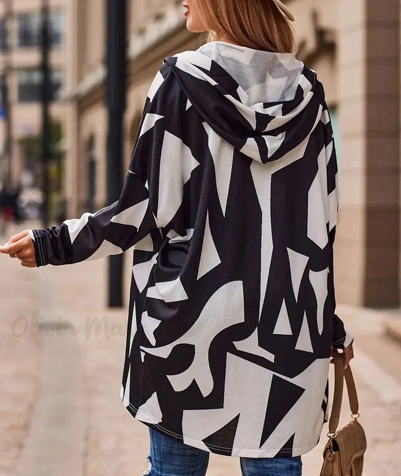 plus size casual coat womens plus colorblock geometric print long sleeve hooded cardigan details 2