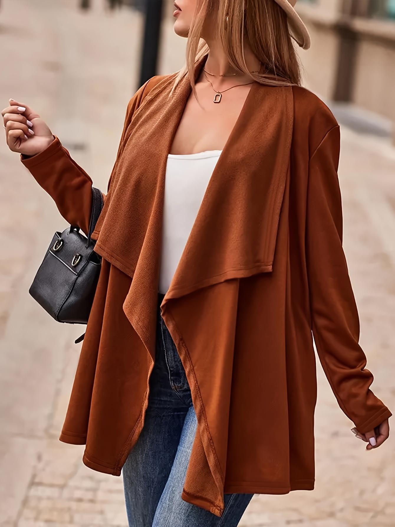 plus size street style coat womens plus solid long sleeve open front waterfall collar cardigan coat details 0