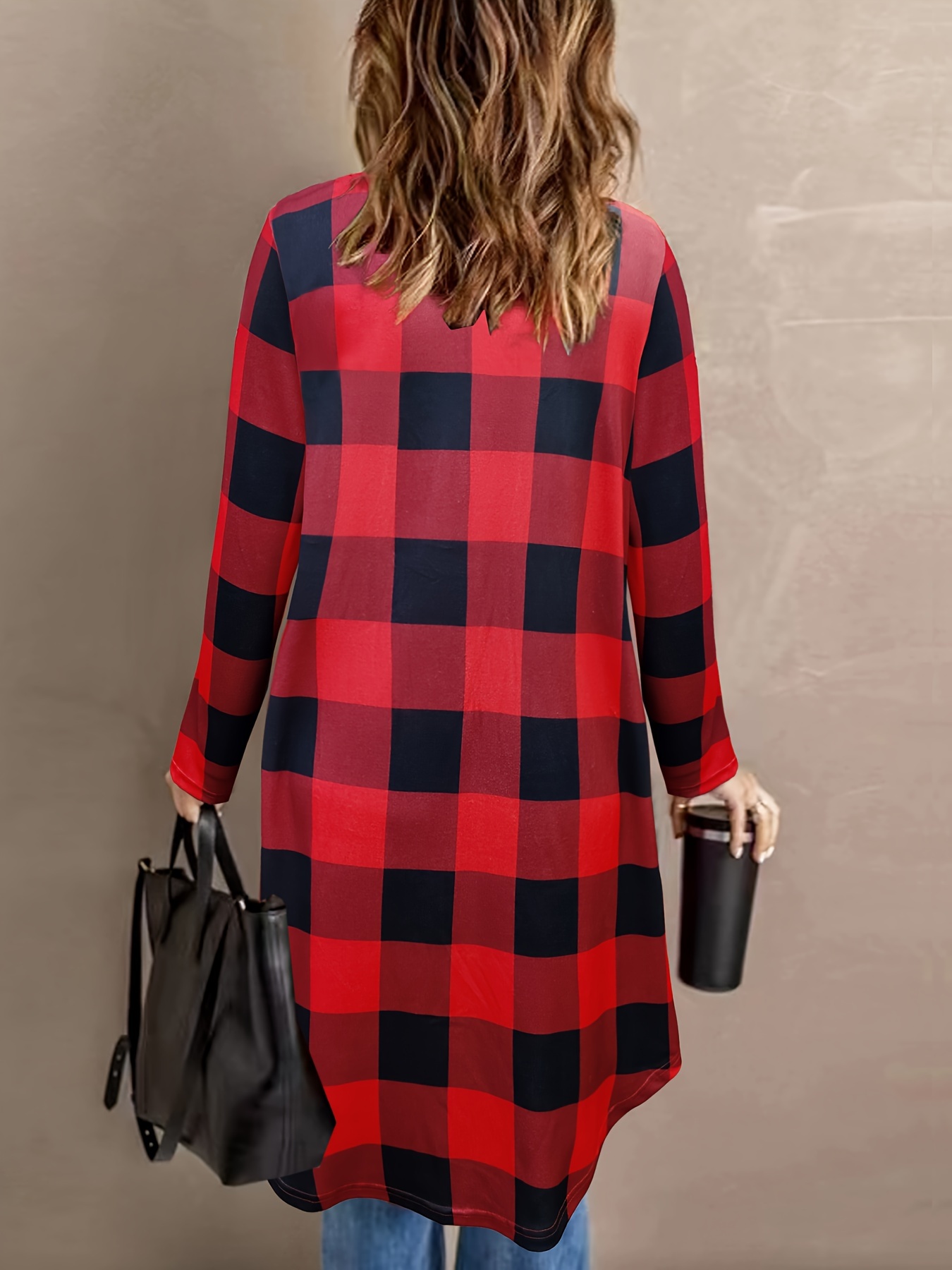 plus size plaid print open front coat casual long sleeve top for spring fall womens plus size clothing details 0