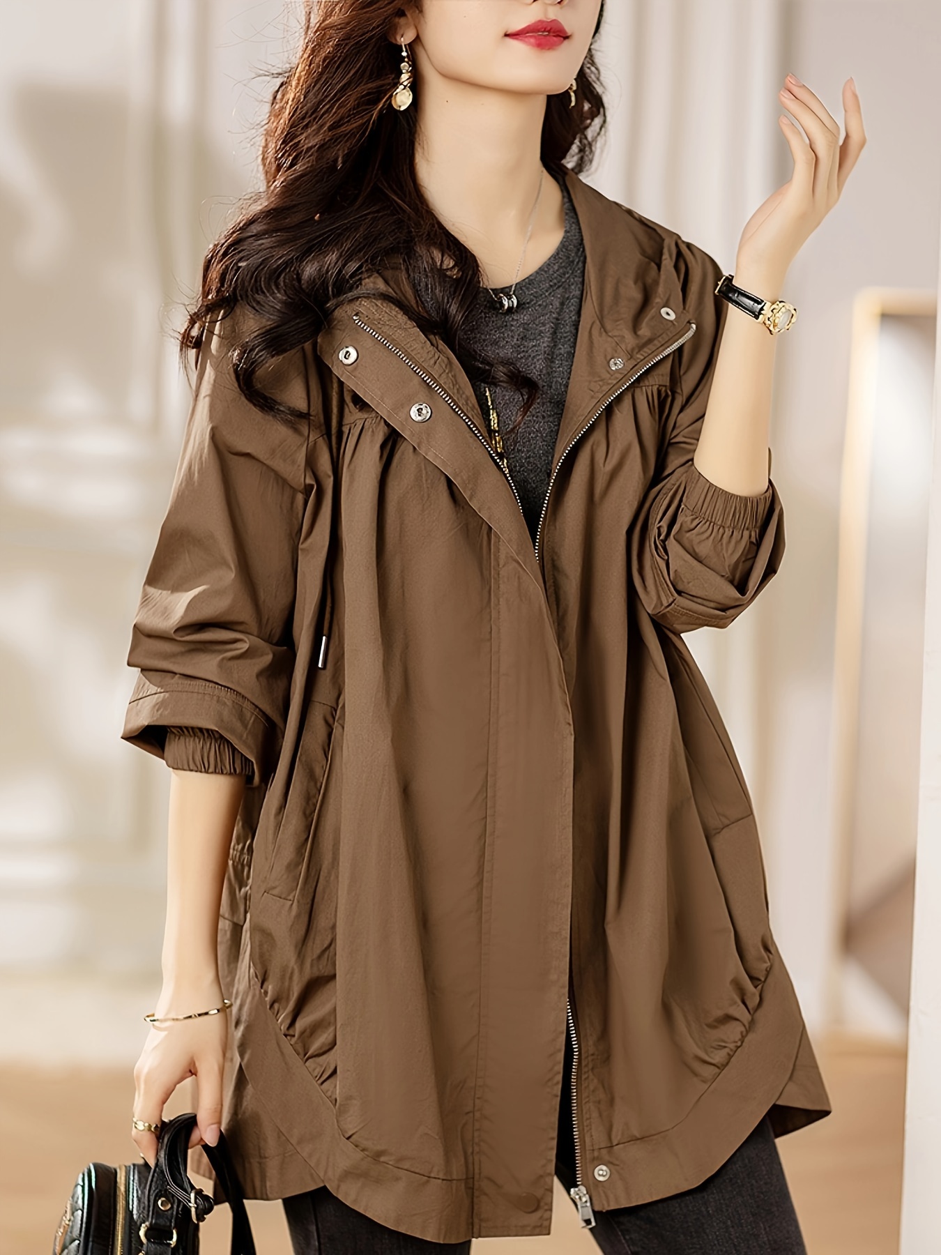 plus size solid hooded trench coat casual zip up long sleeve coat womens plus size clothing details 6