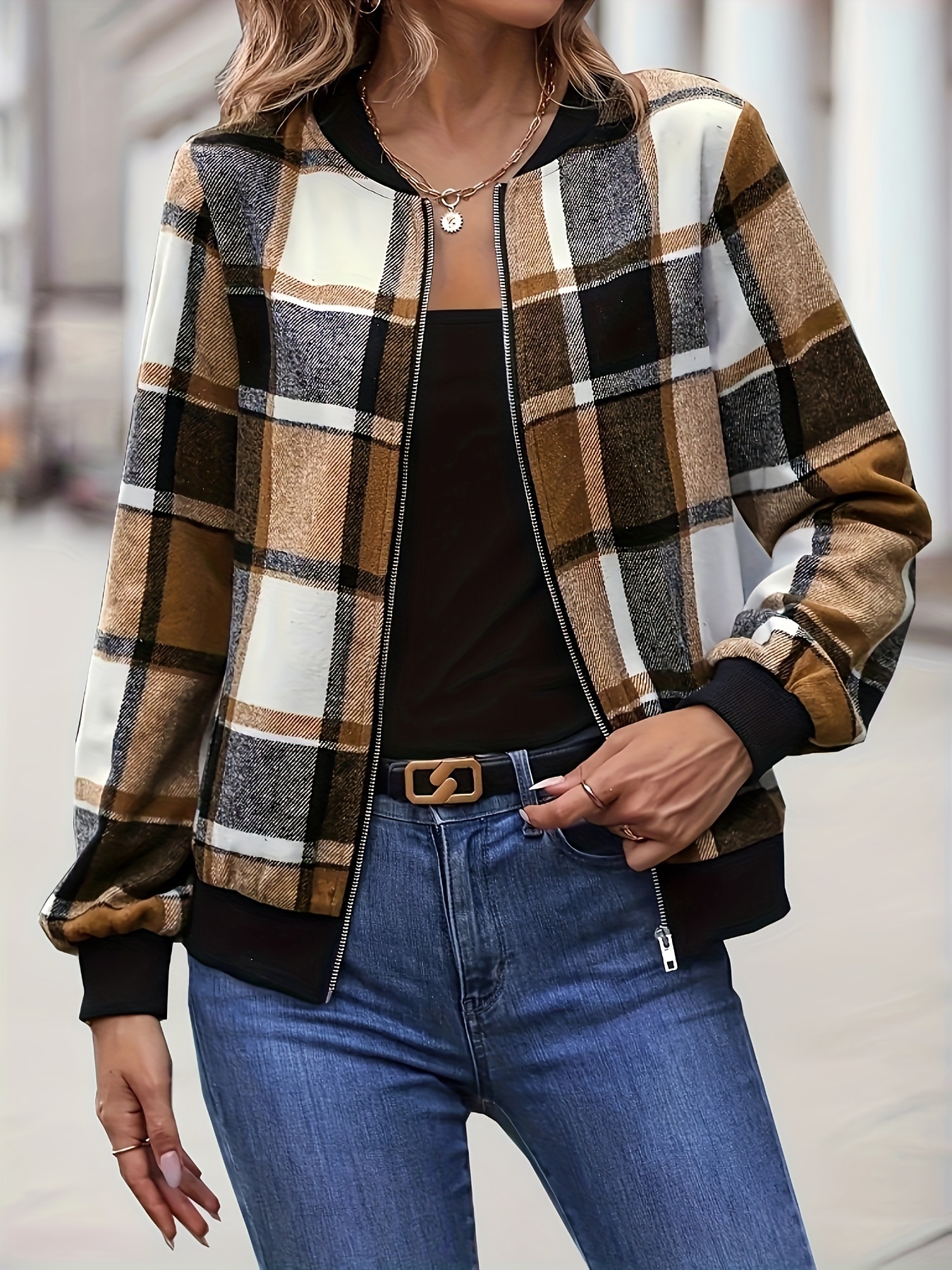 plus size casual coat womens plus plaid print zipper long sleeve slim fit bomber jacket details 4