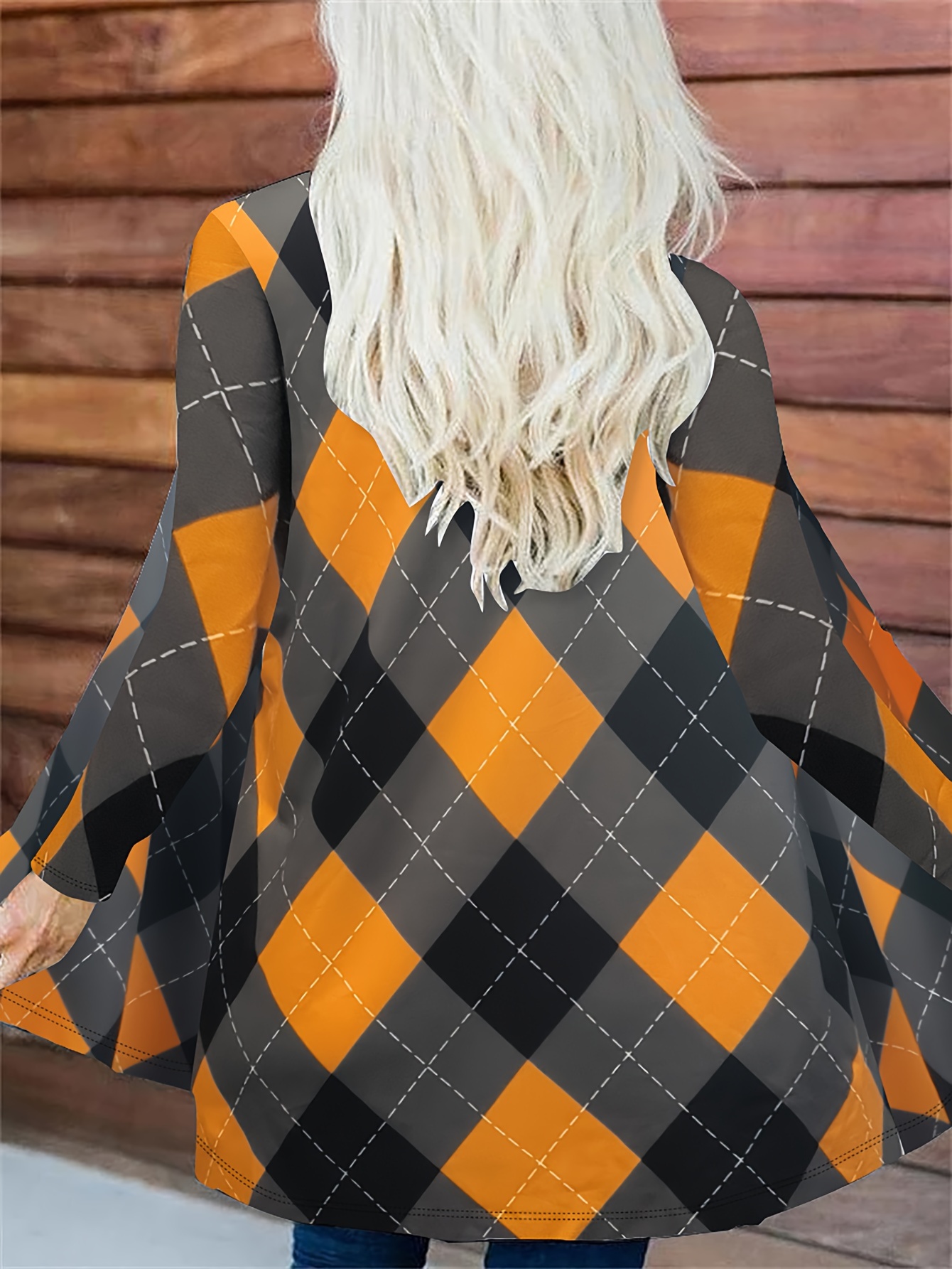 plus size boho coat womens plus argyle print long sleeve open front slight stretch cardigan coat details 0