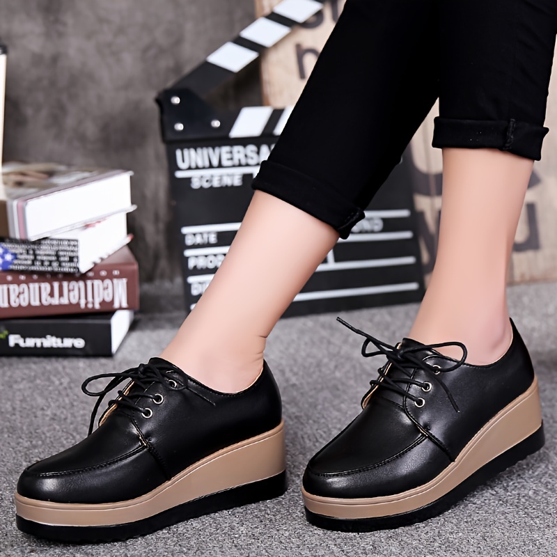 women s casual wedge oxfords round toe lace platform shoes details 4