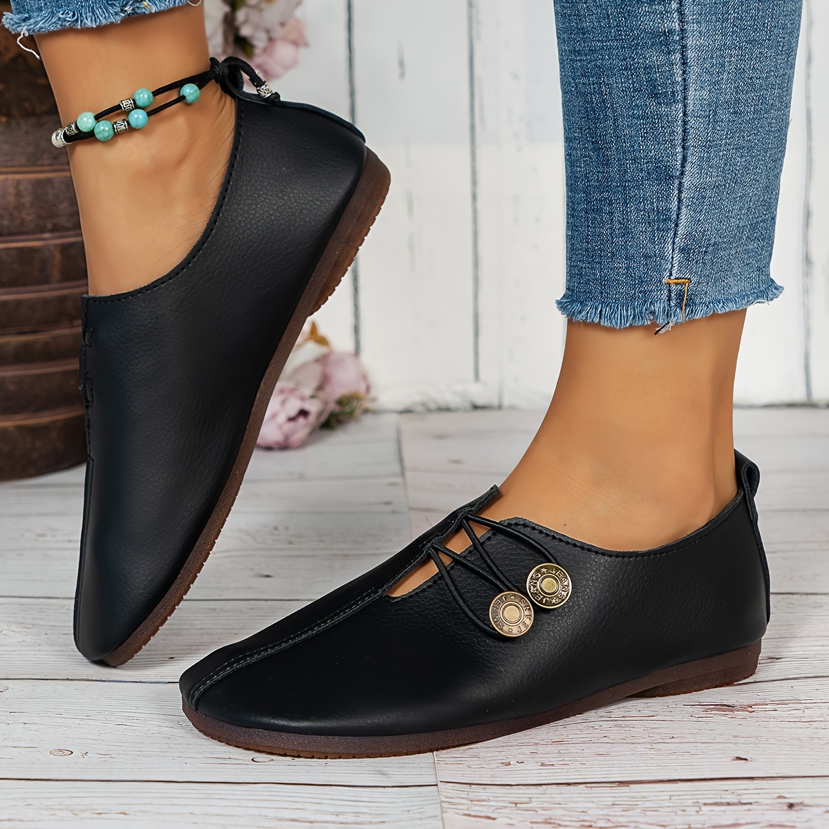 womens solid color oxford shoes slip on buckle decor flat soft sole shoes lightweight low top daily shoes details 0