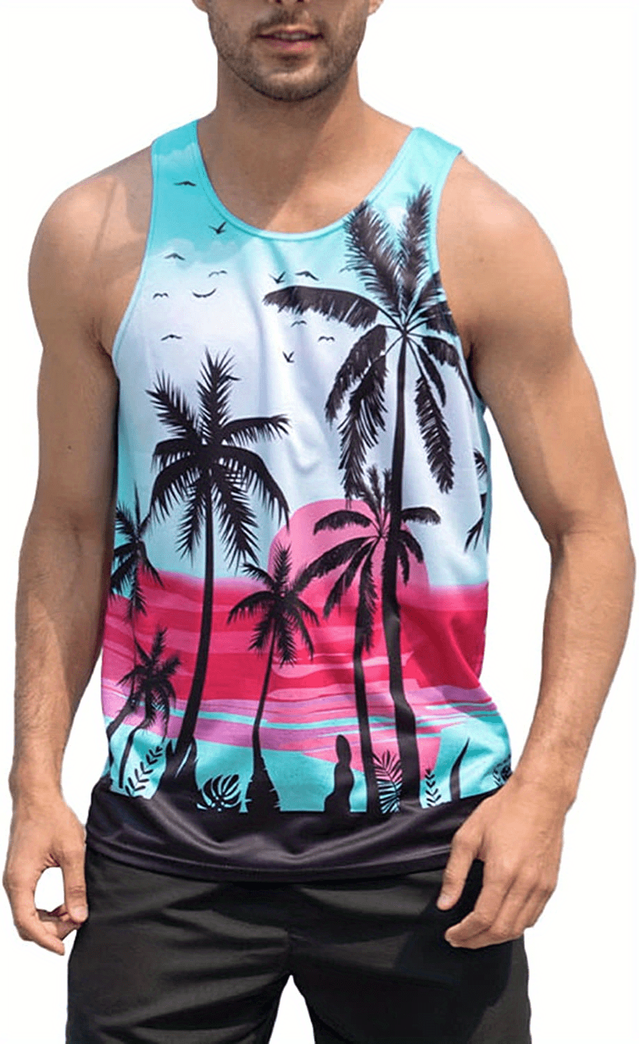 coconut tree print mens tanktop casual loose sleeveless shirt for summer holiday details 0