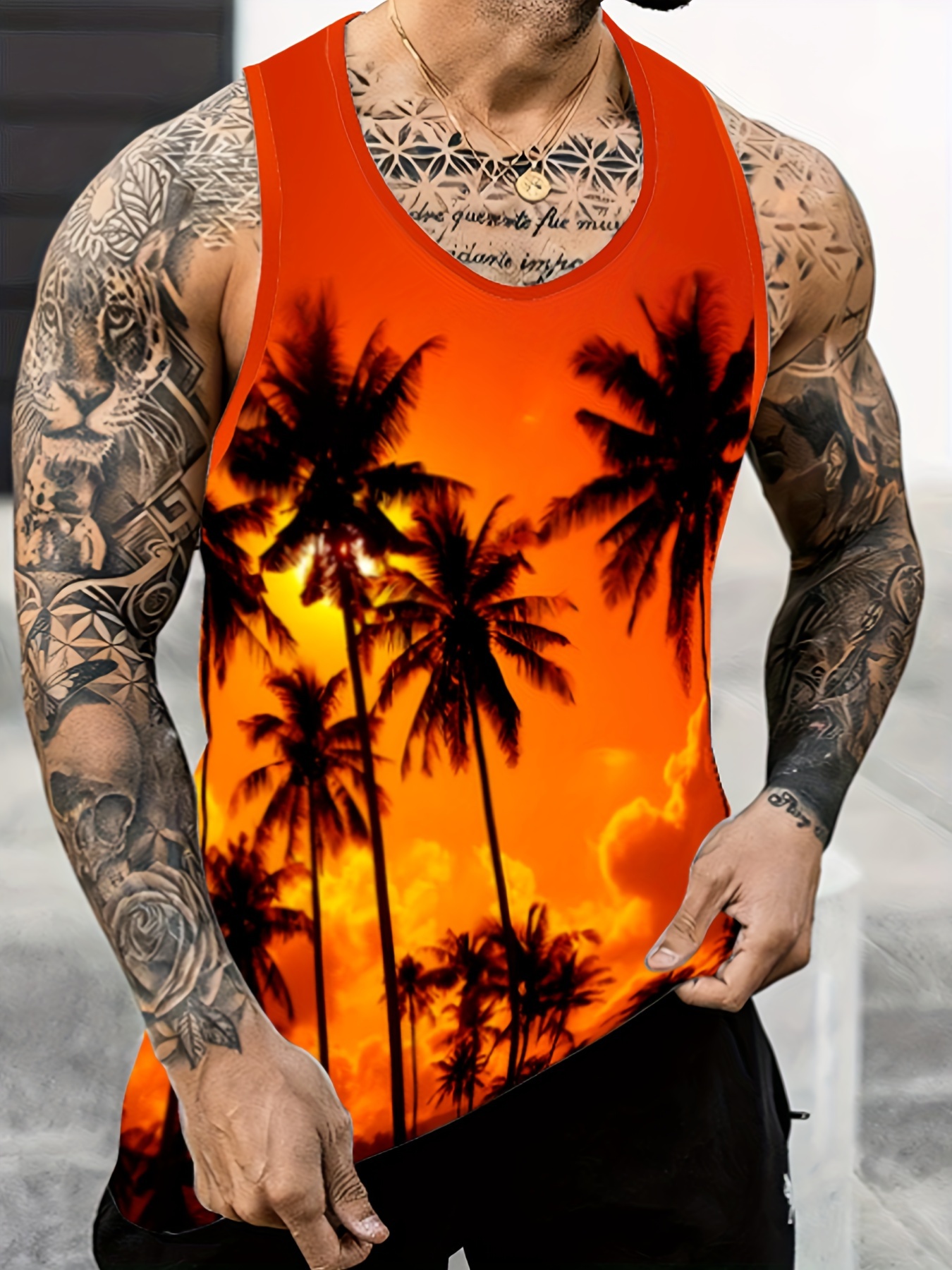 sunset coconut tree print casual slightly stretch round neck tank top mens tank top for summer outdoor gym workout bodybuilding fitness details 1