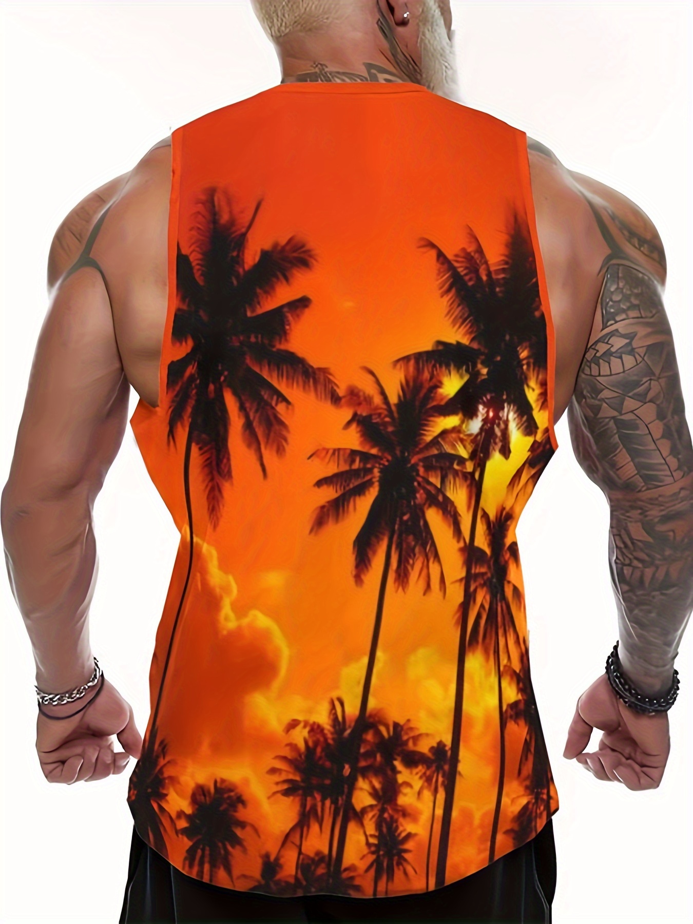 sunset coconut tree print casual slightly stretch round neck tank top mens tank top for summer outdoor gym workout bodybuilding fitness details 2