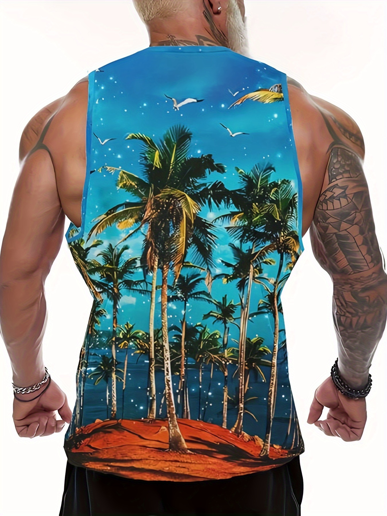 mens trendy hawaiian crew neck graphic tank top with fancy palm tree print perfect for summer beach pool and resort details 1