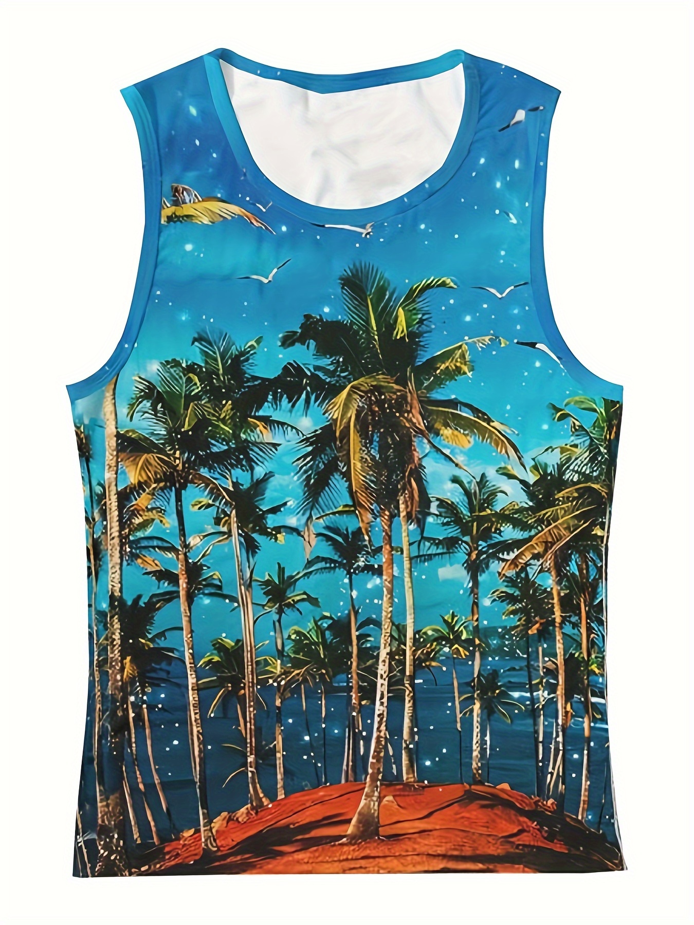 mens trendy hawaiian crew neck graphic tank top with fancy palm tree print perfect for summer beach pool and resort details 2