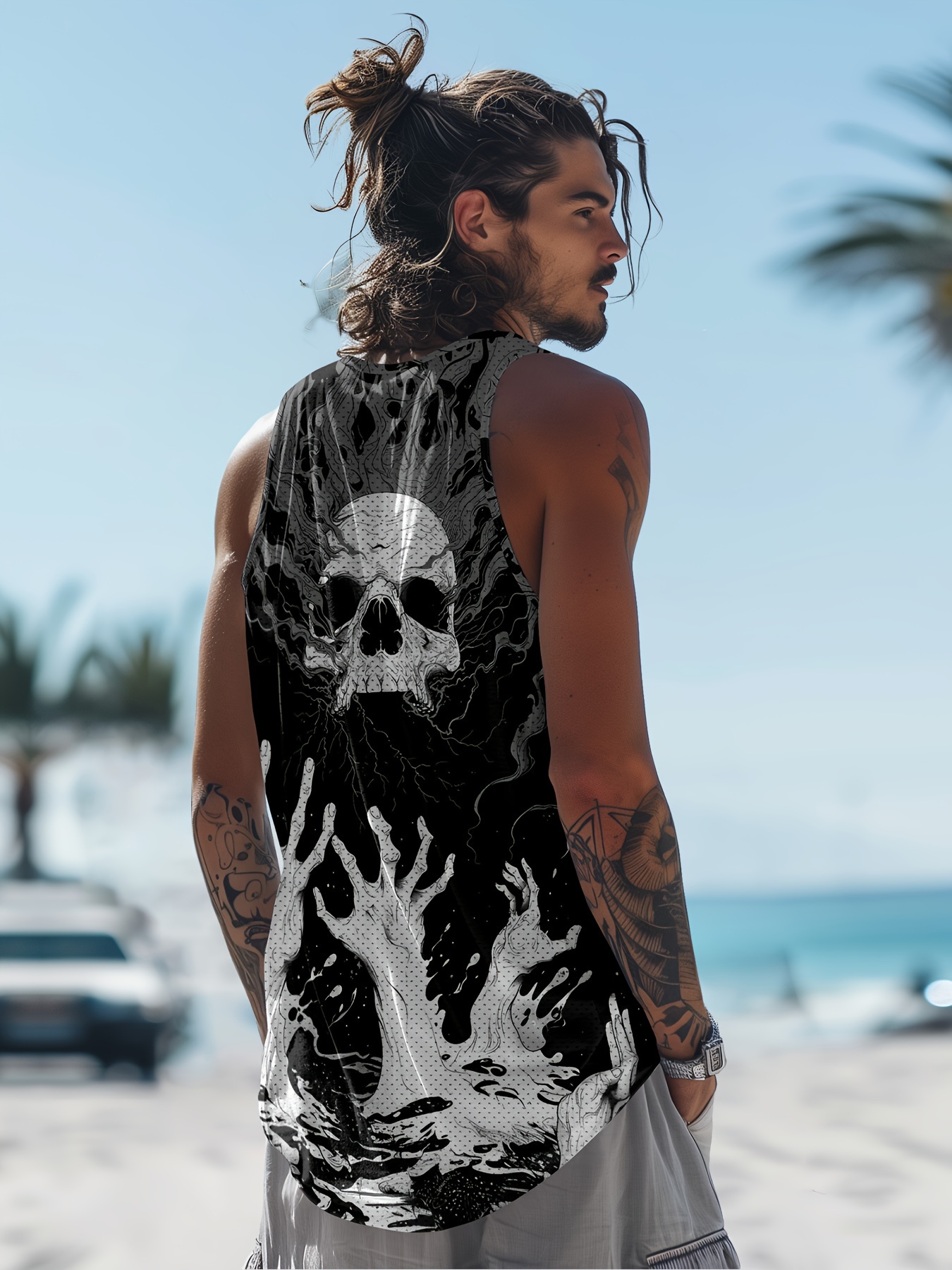 White Skull Palms Print Men s Summer Black Sleeveless Vest Smooth Comfort Fit Loose Sleeveless   Beach Vacation Vest Trendy Fashion Clothing Tops details 1