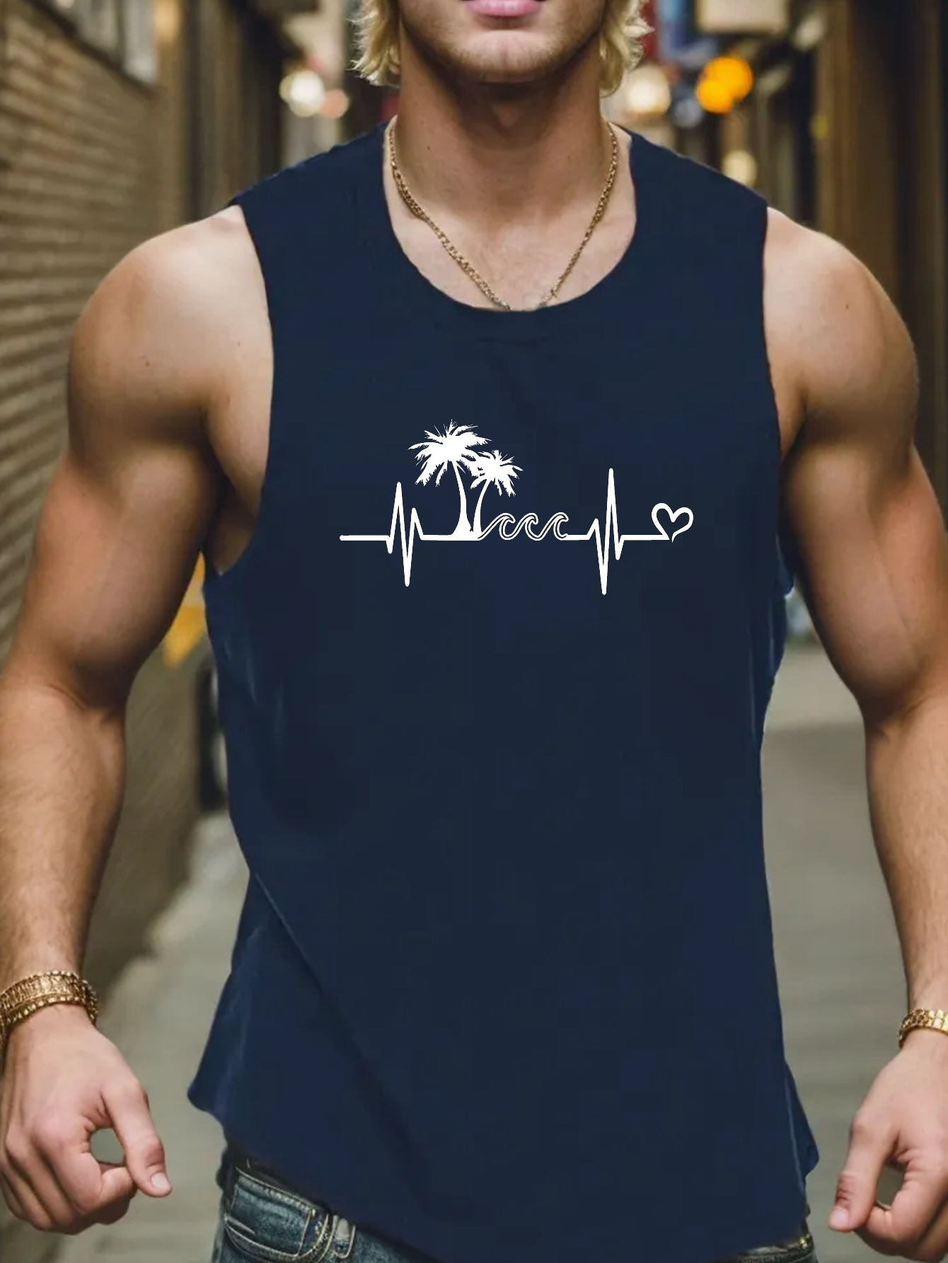 palm trees print sleeveless tank top mens active undershirts for workout at the gym details 0