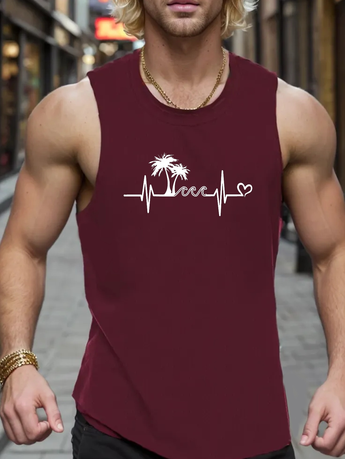 palm trees print sleeveless tank top mens active undershirts for workout at the gym details 5